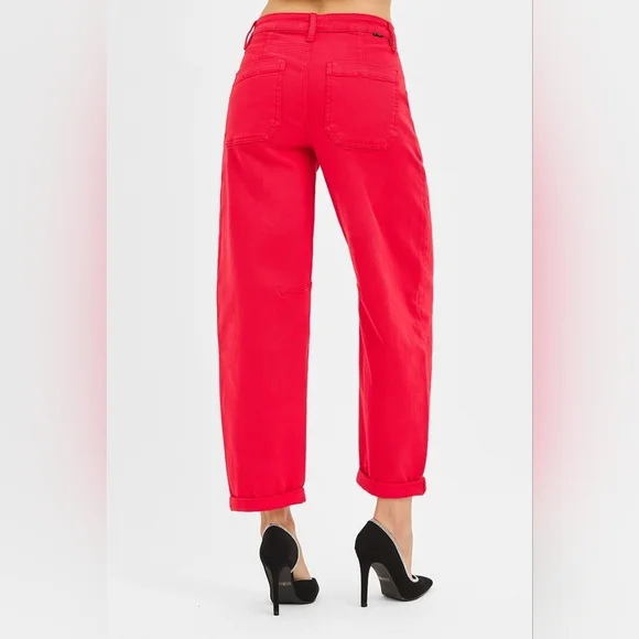 Risen High Rise Ankle Cuffed Barrel Jeans Scarlet Red Stretch Various NEW Ankle & Cropped